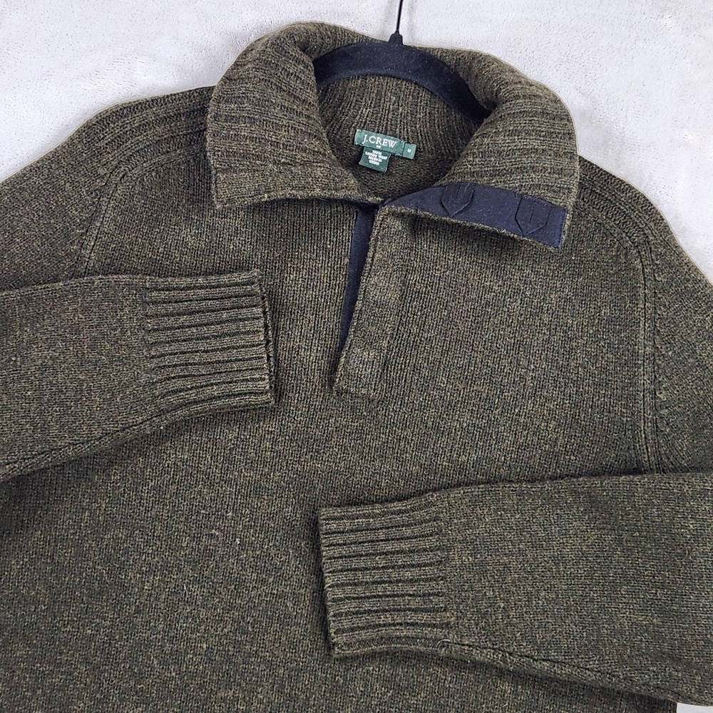 J Crew Sweater Mens Small Green 100% Lambswool Mock Neck Button Knit Pullover